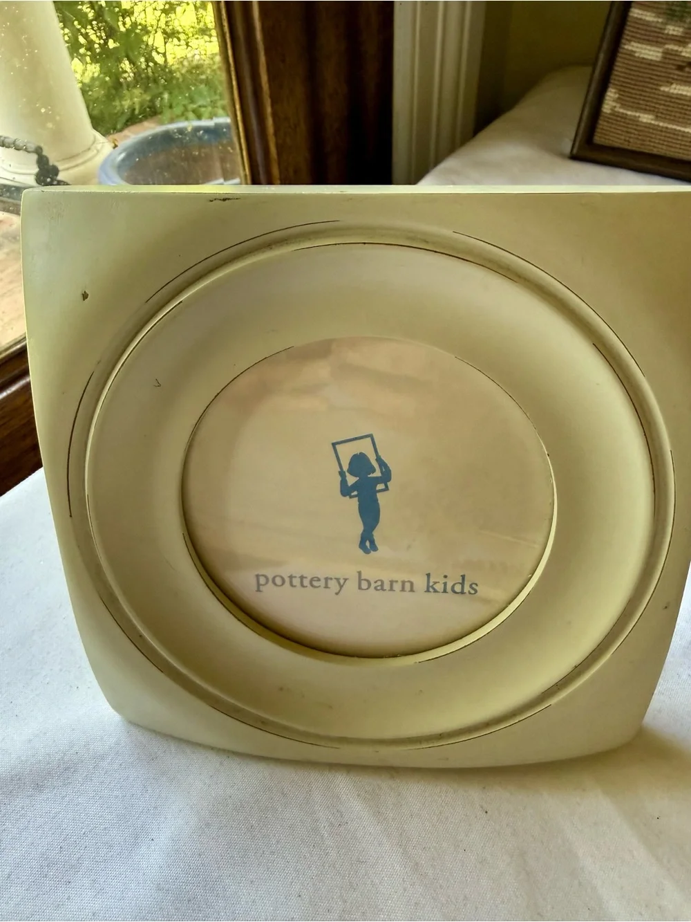 White Pottery Barn Kids Wooden Square Picture Frame with Circle Opening
